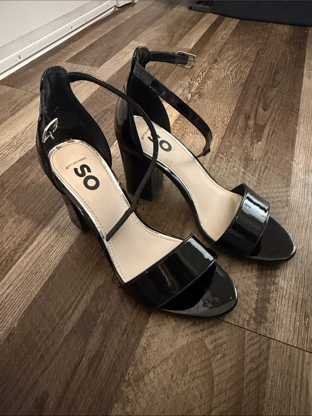 SO Black Patent Ankle-Strap Block Heels